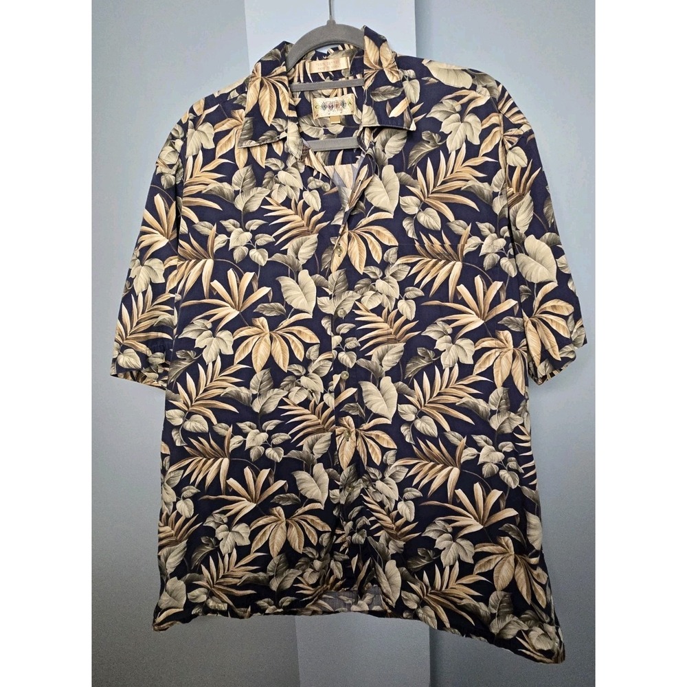 Moda Campia Moda Hawaiian Shirt Button Up Short Sleeve Men's L Blue/Tan Floral
